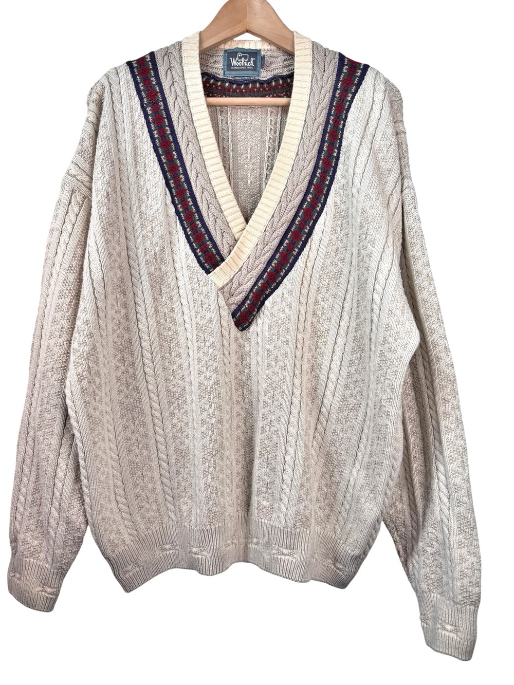 Woolrich Vintage Tennis Cricket Sweater Mens XL V-Neck Cable Knit Cotton USA